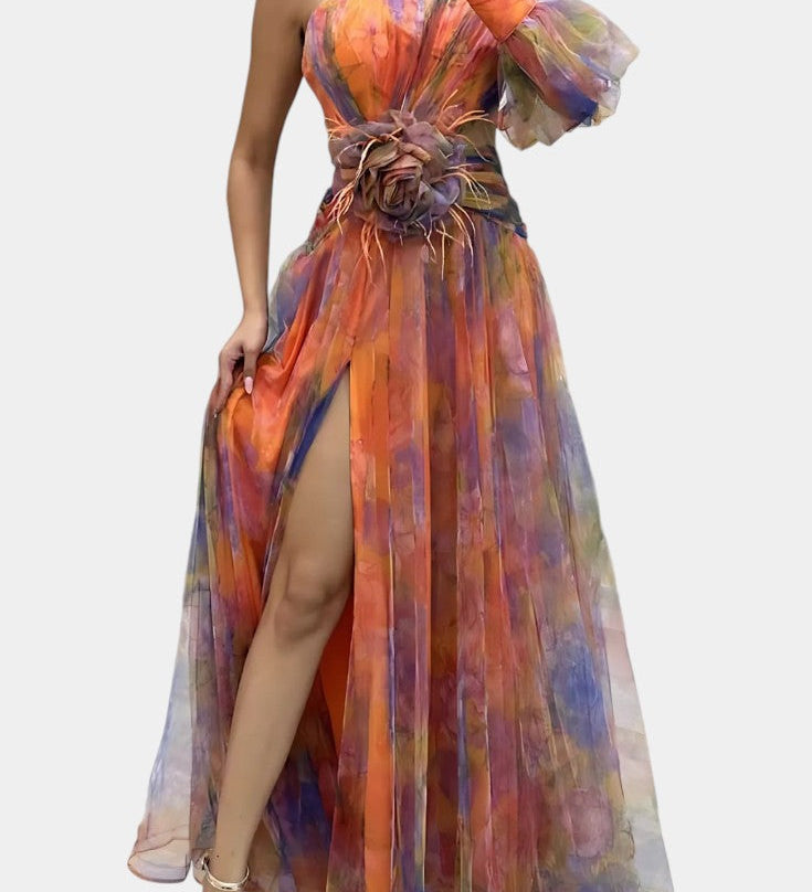 Teodora Asimetrična Maxi Haljina s Jednim Rame i Umjetničkim Uzorkom