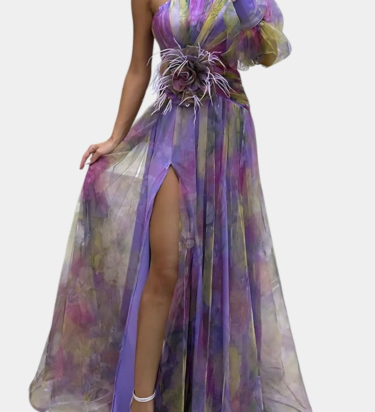 Teodora Asimetrična Maxi Haljina s Jednim Rame i Umjetničkim Uzorkom