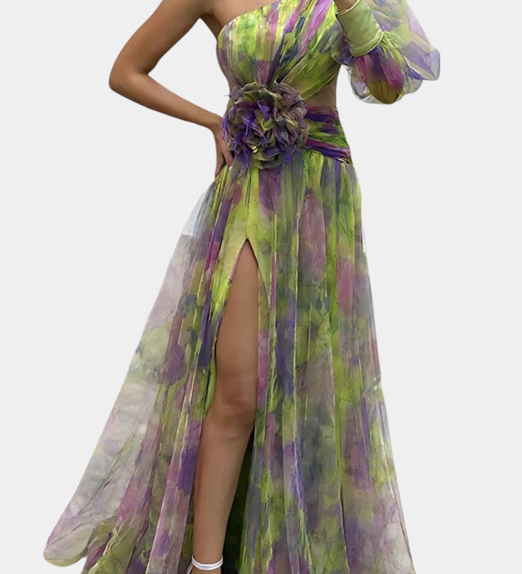 Teodora Asimetrična Maxi Haljina s Jednim Rame i Umjetničkim Uzorkom