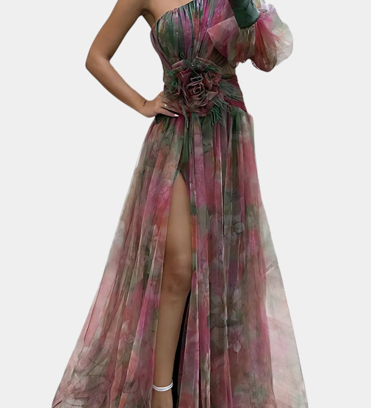 Teodora Asimetrična Maxi Haljina s Jednim Rame i Umjetničkim Uzorkom