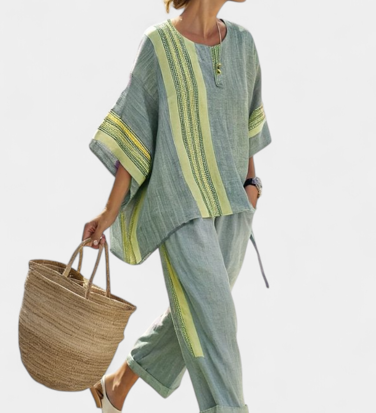 Set od lanenog bambusa s očaravajućom lavandom i detaljima u žutoj pruzi