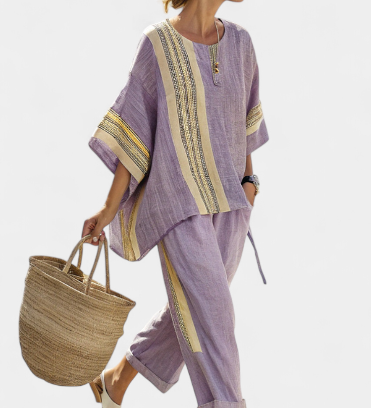 Set od lanenog bambusa s očaravajućom lavandom i detaljima u žutoj pruzi