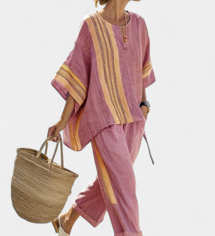 Set od lanenog bambusa s očaravajućom lavandom i detaljima u žutoj pruzi