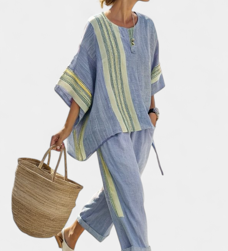 Set od lanenog bambusa s očaravajućom lavandom i detaljima u žutoj pruzi