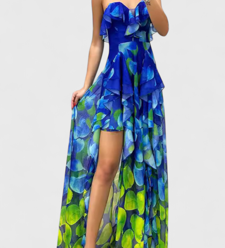 Zrinka Maxi Haljina bez Rukava s Volanima i Gradijent Otvorom