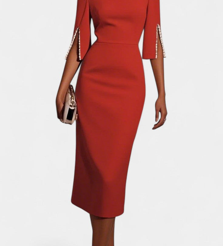 Vesna Midi Haljina s Bisernim Detaljima i Okruglim Izrezom