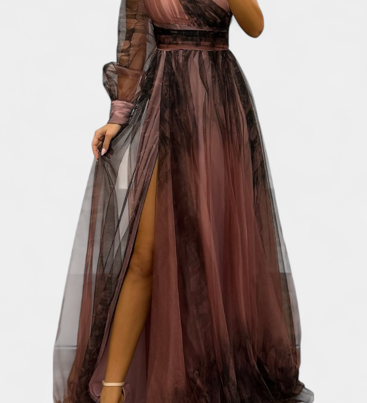 Natalija Maxi Haljina od Chiffona s Otkritim Ramenom i Voluminousom Ruzom