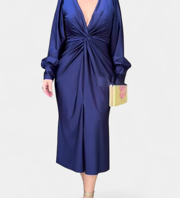 Lena Duga Haljina s Dugim Rukavima i V-Izrezom