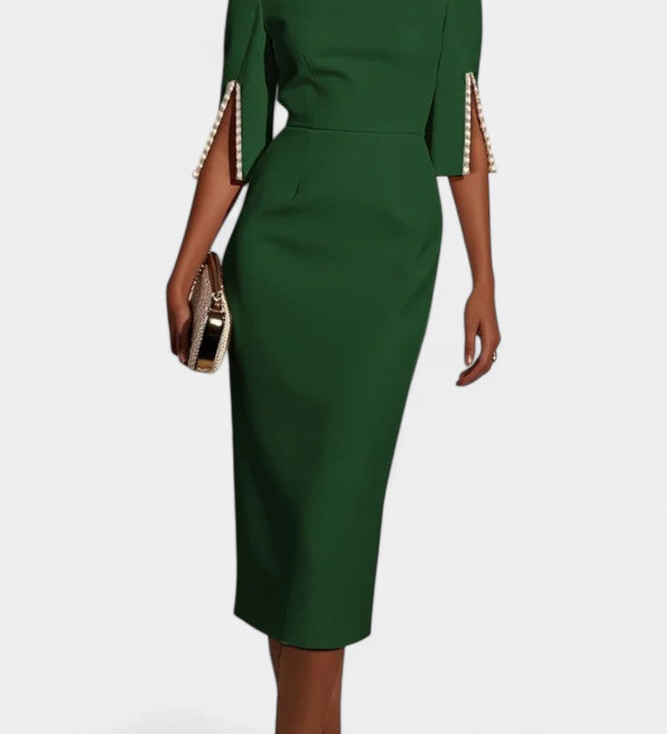 Vesna Midi Haljina s Bisernim Detaljima i Okruglim Izrezom