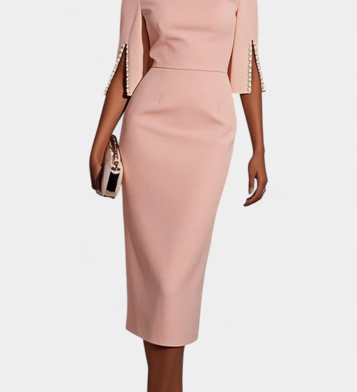 Vesna Midi Haljina s Bisernim Detaljima i Okruglim Izrezom