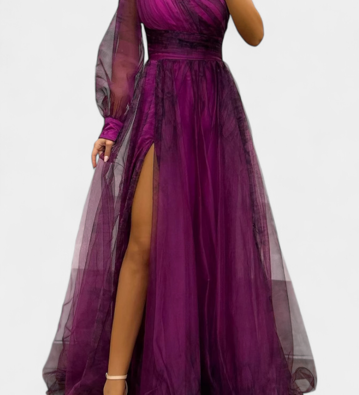 Natalija Maxi Haljina od Chiffona s Otkritim Ramenom i Voluminousom Ruzom