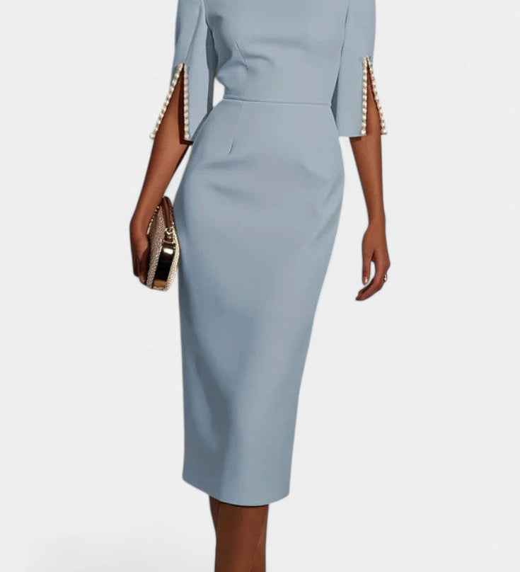 Vesna Midi Haljina s Bisernim Detaljima i Okruglim Izrezom